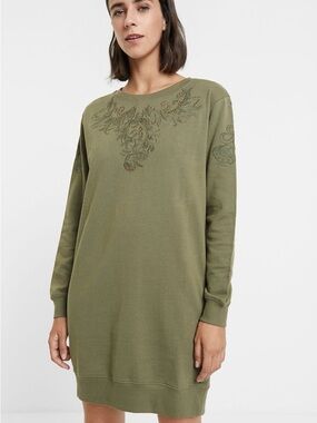 Desigual | khaki Green Sweatshirt Dress with Appliques and Embroidery